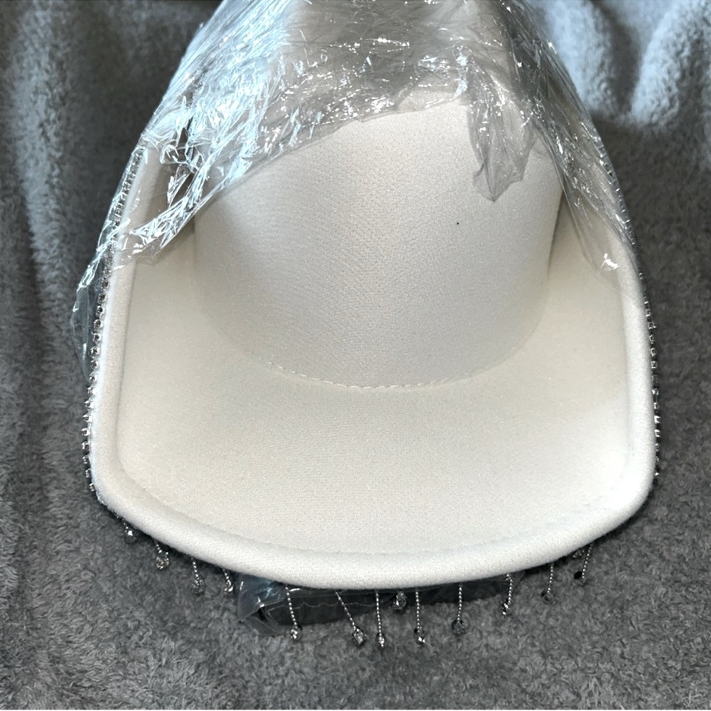 White Bride Pearl Bride Cowgirl Hat with Rhinestone Fringe Wifey Cowboy Hat - Picture 4 of 6